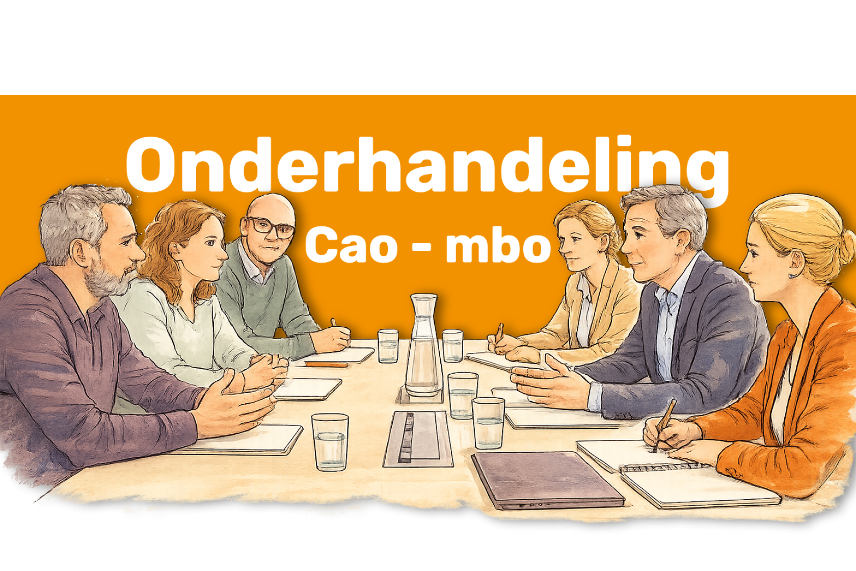 Illustratie van een cao-onderhandeling in het mbo met zes deelnemers aan een vergadertafel en de tekst “Onderhandeling Cao - mbo".