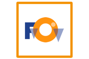Logo van FvOv in een oranje kader. Het logo heeft gestileerde blauwe letters en een oranje cirkel.