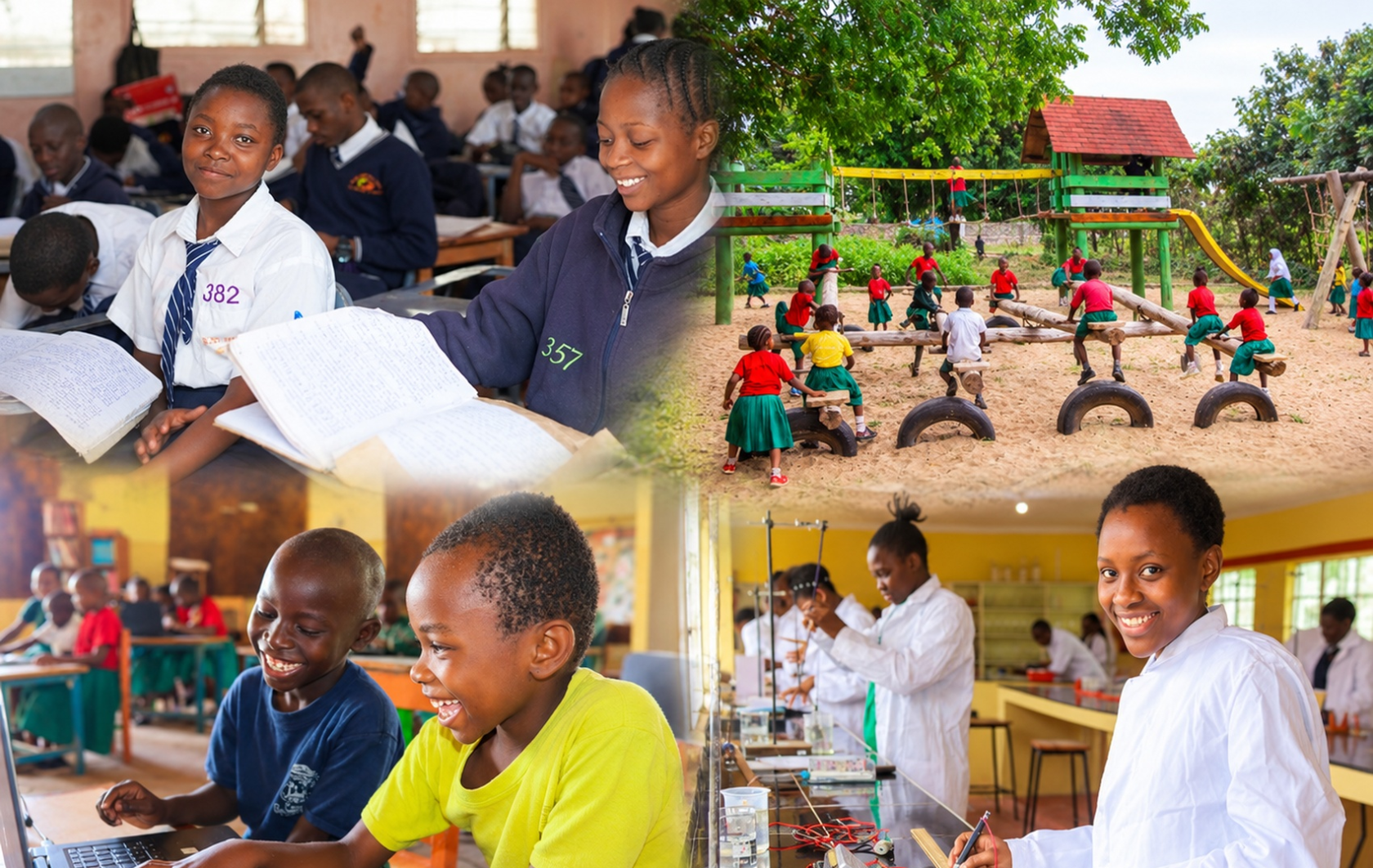 Collage van schoolkinderen in Afrika die leren, spelen, met computers werken en proefjes doen in een technieklokaal.