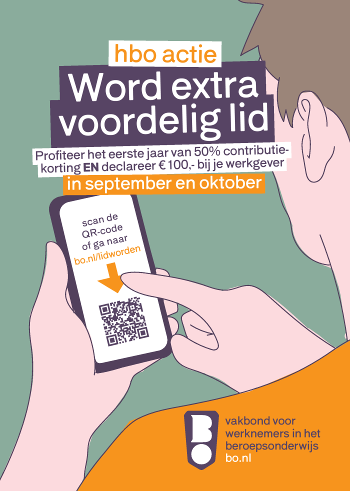 Illustratie van een HBO-actie met de oproep “Word extra voordelig lid”. De afbeelding vermeldt 50% contributiekorting in het eerste jaar en €100 declareren bij de werkgever in september en oktober. Een persoon scant een QR-code naar bo.nl/lidworden.