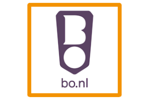 Logo van de BeroepsOnderwijsbond: witte, gestileerde letters B en O in een paarse schildvorm omrand door een oranje kader.