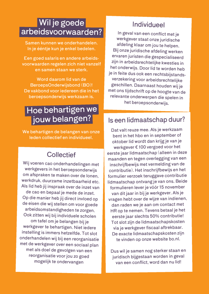 Infographic over de voordelen van het lidmaatschap. De afbeelding beschrijft collectieve en individuele belangenbehartiging, juridische ondersteuning en de mogelijkheid om €100 contributie vergoed te krijgen via de werkgever.
